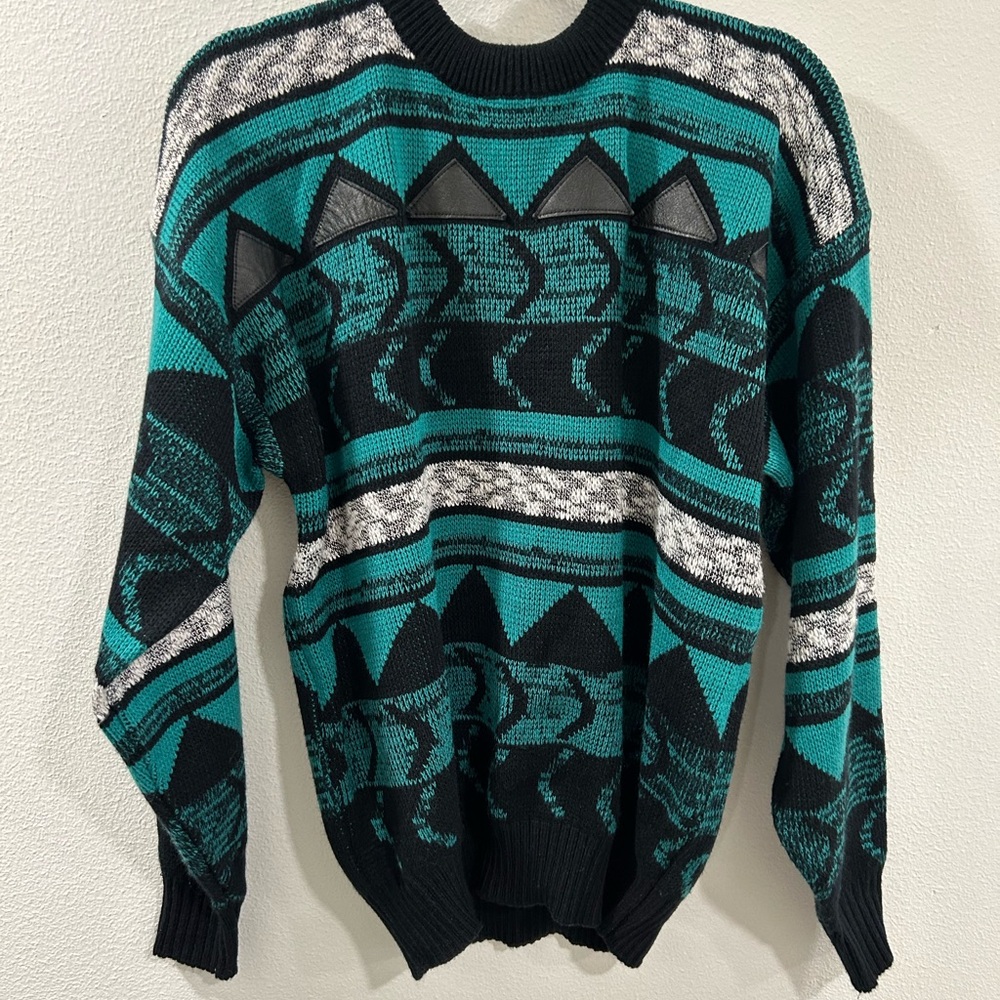 Bold Black and Green Crewneck Sweater with Geometric Pattern Vintage
